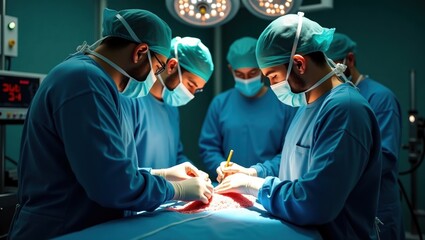 A team of highly skilled surgeons performing a delicate operation in a state-of-the-art surgical room. The bright surgical lights cast dramatic shadows, and the team is focused and precise, cinematic 
