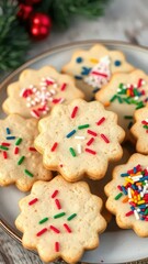 A plate of decorated shortbread cookies with festive sprinkles, sweet, buttery, crumbly