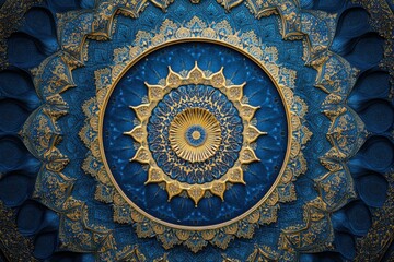 Intricate Blue and Gold Mandala Design with Floral Elements
