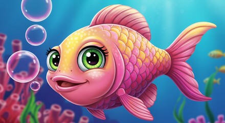 Cute Cartoon Fish with Big Eyes and Bubbly Background