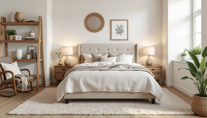Fototapeta premium Cozy modern bedroom with natural decor, serene relaxation