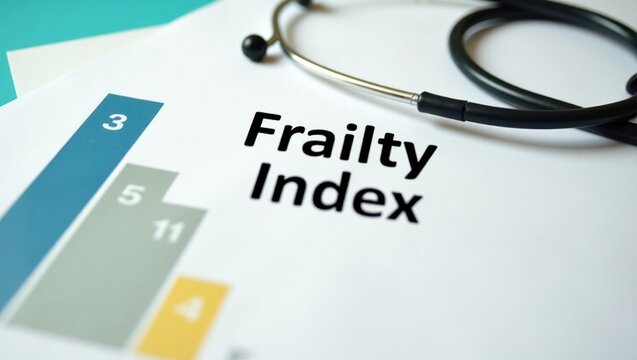 Frailty Index. Stethoscope is laying on top of paper with word ' frailty indexx '