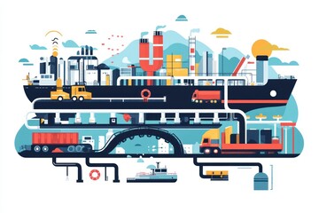 Obraz premium Global logistics network, cargo ship, transportation, and industrial city.