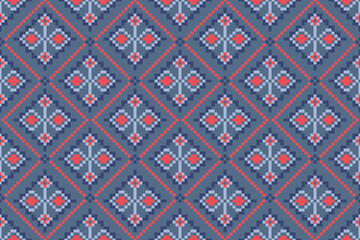 Cross Stitch pattern with Floral Designs. Traditional cross stitch needlework. Geometric Ethnic pattern, Embroidery, Textile ornamentation, fabric, Hand stitched pattern, Cultural stitching pixel art.