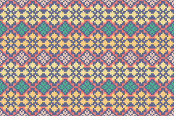 Cross Stitch pattern with Floral Designs. Traditional cross stitch needlework. Geometric Ethnic pattern, Embroidery, Textile ornamentation, fabric, Hand stitched pattern, Cultural stitching pixel art.