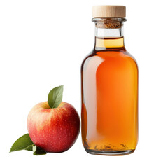 A glass bottle filled with amber liquid next to a red apple with green leaves. isolated on white background.