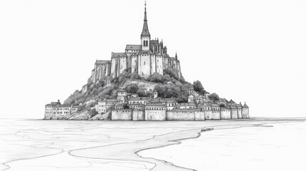 Fine Line Architectural Sketch of Mont Saint-Michel Emphasizing its Medieval Features