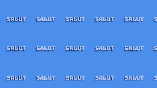 The classical greeting Salut, Hello in French language. Fancy classy big lettering. Repeated pattern animation, floating from bottom right to upper left of screen. Seamless loop.
