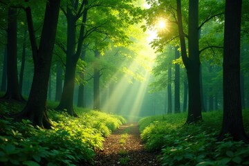 Obraz premium dense green forest with scattered sunlight filter, forest, buffer zone