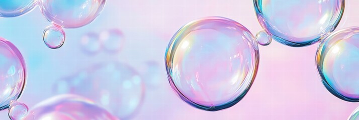 Colorful soap bubbles create a playful repeating pattern against a pastel background during a sunny afternoon. Generative AI