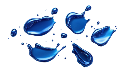 A collection of metallic blue droplets, each splashing and separating slightly, lying on a white background, viewed from above, isolated on a transparent background.