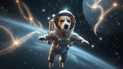 Naklejka premium A mesmerizing, hyper-realistic visual representation of astronaut Dog, suspended in mid-air, surrounded by a majestic, gas-giant planet with iridescent, created by generative ai
