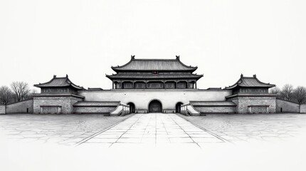Fine Line Ink Drawing of the Forbidden City in Beijing