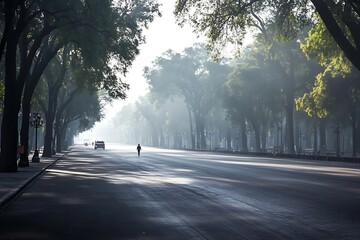 A serene and empty cityscape street lined with trees bathed in morning mist, with a single pedestrian walking in the distance