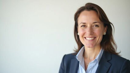 Leadership Coaches. Woman is smiling and wearing blue jacket and white shirt
