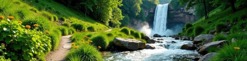 Der Weg zum Eigernordwand-Turm mit Wasserfall und Bambus, waterfall, trail, summer