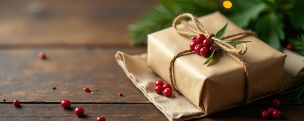 Gift wrapped in brown paper and tied with twine on a wooden table, rustic, napkin, decorated