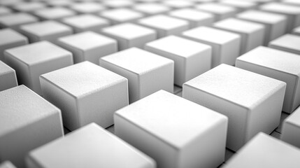 Randomly arranged white cube boxes fading out on a modern background symbolizing abstraction transition emptiness and minimalism with copy space for creative design.

