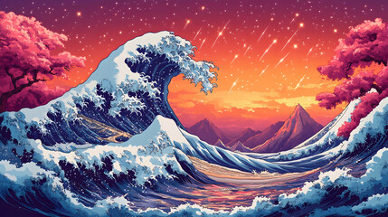 Giant wave crashes under starry sunset sky, amidst stylized Japanese trees and mountains