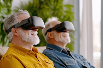 Elderly Friends Laughing Together With Vr Headsets