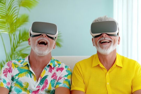 Two Seniors Enjoying Virtual Reality Experience Together