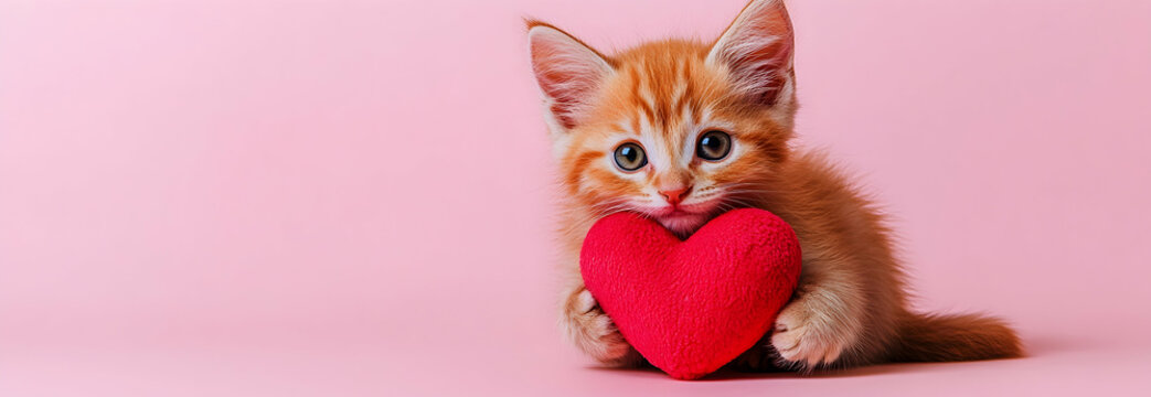 Ginger kitten hugging toy red heart. Cute cat on pink background. Valentine's Day love concept. Banner, advertisement, billboard for animal shelter, veterinary clinic