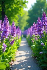 Obraz premium Row of tall purple flowers including lavender and lilacs on a gray pathway, pathway, tall
