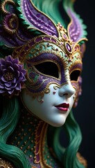 Close-up of beautiful mysterious woman in ornate Venetian mask with flower. Glamour lady with creative make-up, face art. Masquerade, Mardi Gras banner template in green, violet and gold colors.