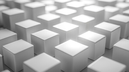 Randomly arranged white cube boxes fading out on a modern background symbolizing abstraction transition emptiness and minimalism with copy space for creative design.

