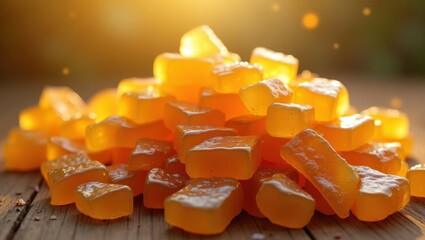 Shilajit Honey. Close-up of orange gummy candies stacked with sugar crystals on wooden surface, perfect for candy shops, dessert menus, Halloween treats, festive party snacks, warm bokeh background,