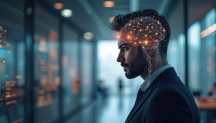 Man in suit with digital brain overlay represents machine learning. Neural network illustration artificial intelligence, deep learning, data exchange, cyber tech innovation for industry 4. 0 business