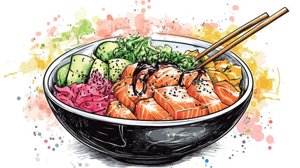 A digital watercolor painting depicts a poke bowl filled with various ingredients including salmon, rice, cucumber, seaweed, corn, and pickled ginger.  The bowl is dark-colored and sits against a