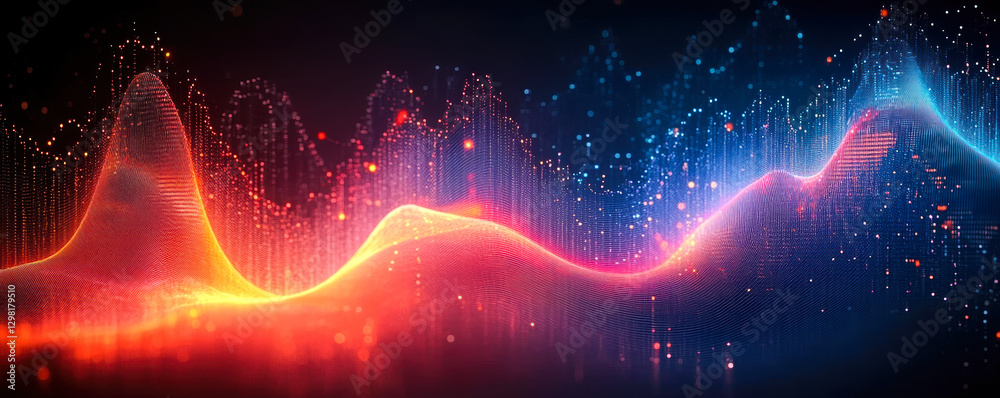 Poster abstract data visualization design with vibrant colorful waves and particles representing modern dig