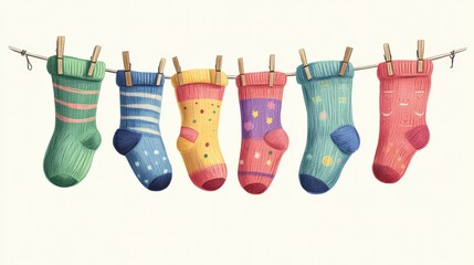 A vibrant row of intricately detailed, colorful socks dangle gracefully on a clothesline, each one uniquely patterned and lifelike