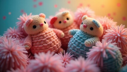 Softies. Cute handmade crochet dolls in pink and blue lying on soft pink yarn pom-poms, cozy toy collection for children’s room decor, playful pastel background with warm glowing light Best