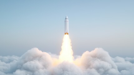 Rocket launch, breaking through clouds, sky background, space travel concept