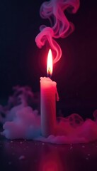 Fototapeta premium Soft pink smoke ascends from red candle flame on dark surface, flame, glow, foggy