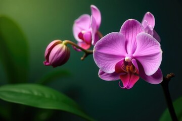 Obraz premium Soft pinkish-purple petals of the orchid against a dark green leaf, nature, floral, garden
