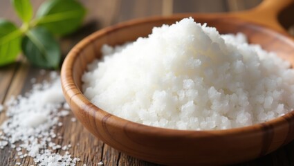 Sugar Substitute. Coarse white sea salt crystals piled in wooden bowl resting on rustic table with green plant leaves natural seasoning ingredient culinary cooking healthy diet