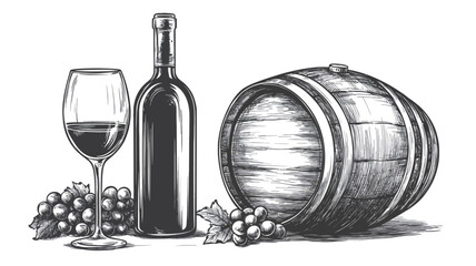 A monochrome illustration depicting a bottle of wine, a wine glass filled with red wine, bunches of grapes, and a wine barrel. The style is a hand-drawn sketch or illustration with shading and