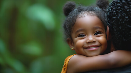 Happy child hugging parent outdoors, nature background