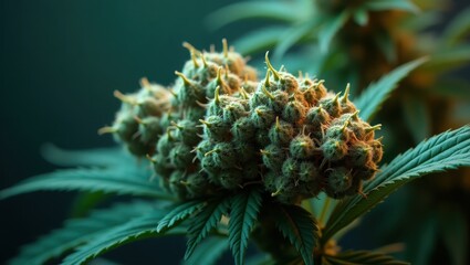 Close-up green cannabis bud with orange pistils blooming on plant, medical marijuana use, natural healing, dark blurred background, weed culture, herbal wellness, alternative medicine image