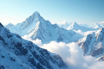 Fototapeta premium Soft white clouds drift across snow-capped mountains, snow capped peaks, peaceful, serene