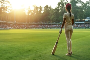 Obraz premium A young woman cricketer stands on the field, holding her bat, ready to face the bowler, under a warm golden sunset on a sunny afternoon.