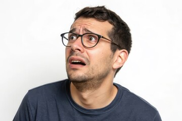 Fototapeta premium A Surprised Young Man Reacting with Fearful Expression in a Minimalist Setting