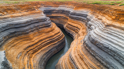 Naklejka premium Aerial view of canyon with layered rock formations and winding river