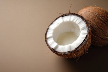 A halved coconut next to an intact coconut rests upon a surface