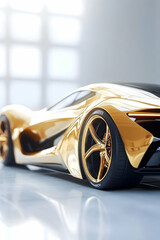Golden Age Supercar: A sleek, futuristic concept car in vibrant gold, showcasing innovative design and high-performance aesthetics. The image exudes luxury and speed