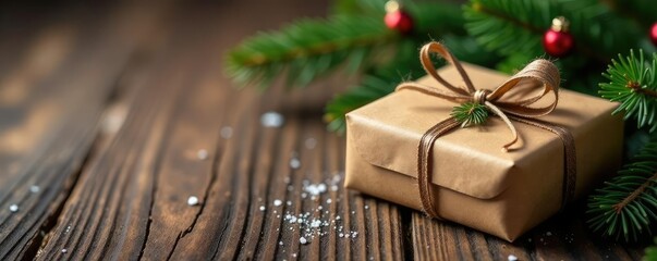 Warm rustic wooden table with pine branches and a wrapped gift on brown paper, wood, winter