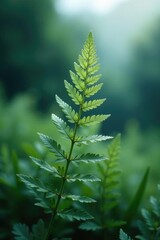 A delicate silver fern frond sways gently in the soft breeze, serene landscapes, dewy foliage